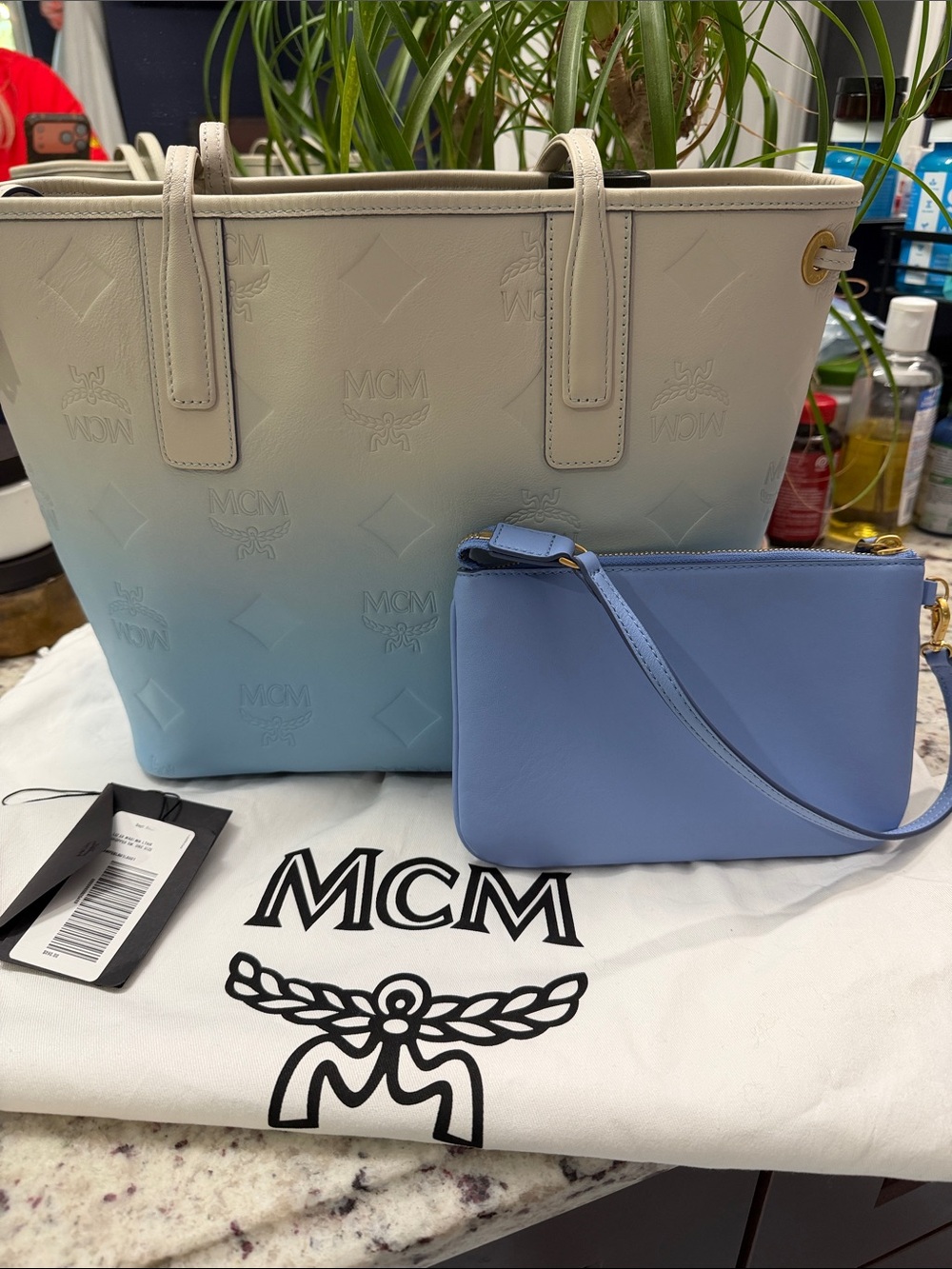 MCM Ombre Cream to Light Blue Tote with Light Blue Pouch